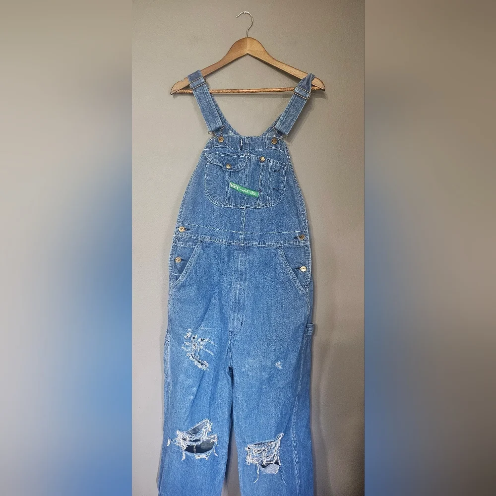 Key Distressed Blue Denim Overalls Grunge Utility 90's 34x36